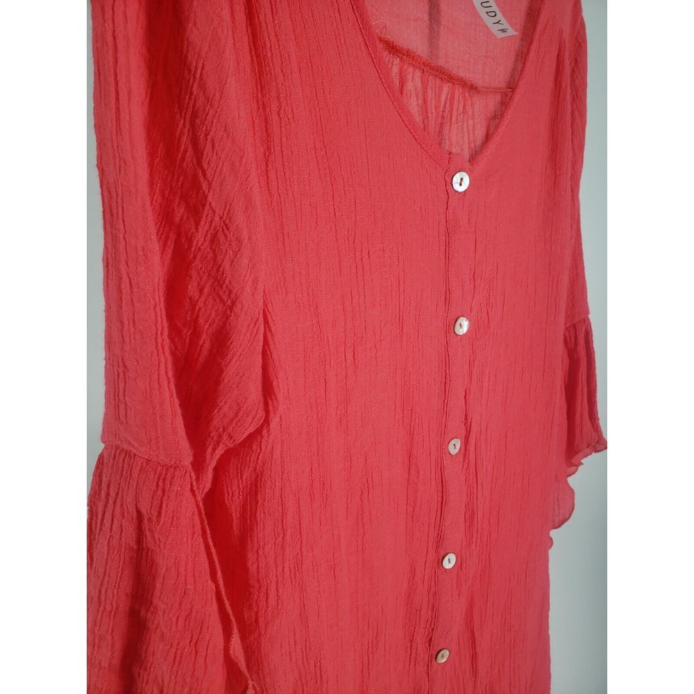 ❤️Dressin‎ Gaudy Lightweight Blouse Top M Flutter Flare 3/4 Sleeve Sharkbite Hem